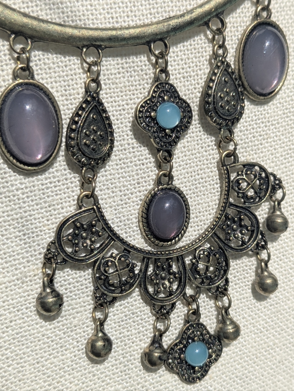 Boho Brass Tone Statement Necklace | Fringe Bib w/ Cabochon Stones